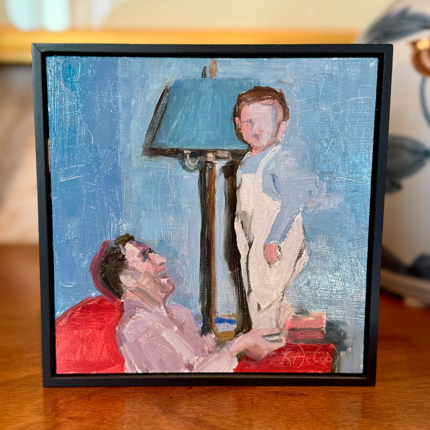 Karen McCool Stupid Dad Tricks Father Son Oil Painting in Black Floater Frame