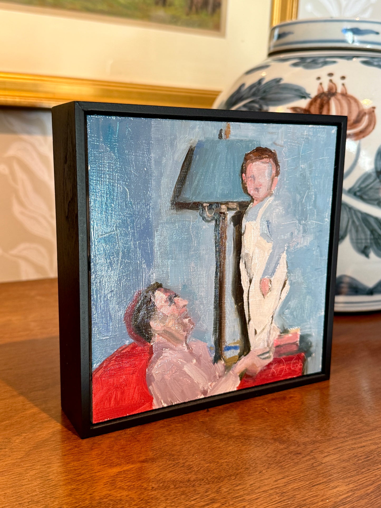 Karen McCool Stupid Dad Tricks Father Son Oil Painting in Black Floater Frame