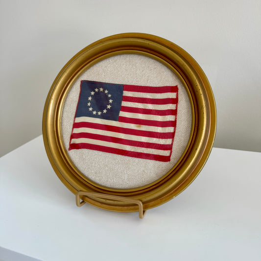 Vintage 13 Star American Betsy Ross Parade Flag on Ivory Herringbone in Gold Round Frame