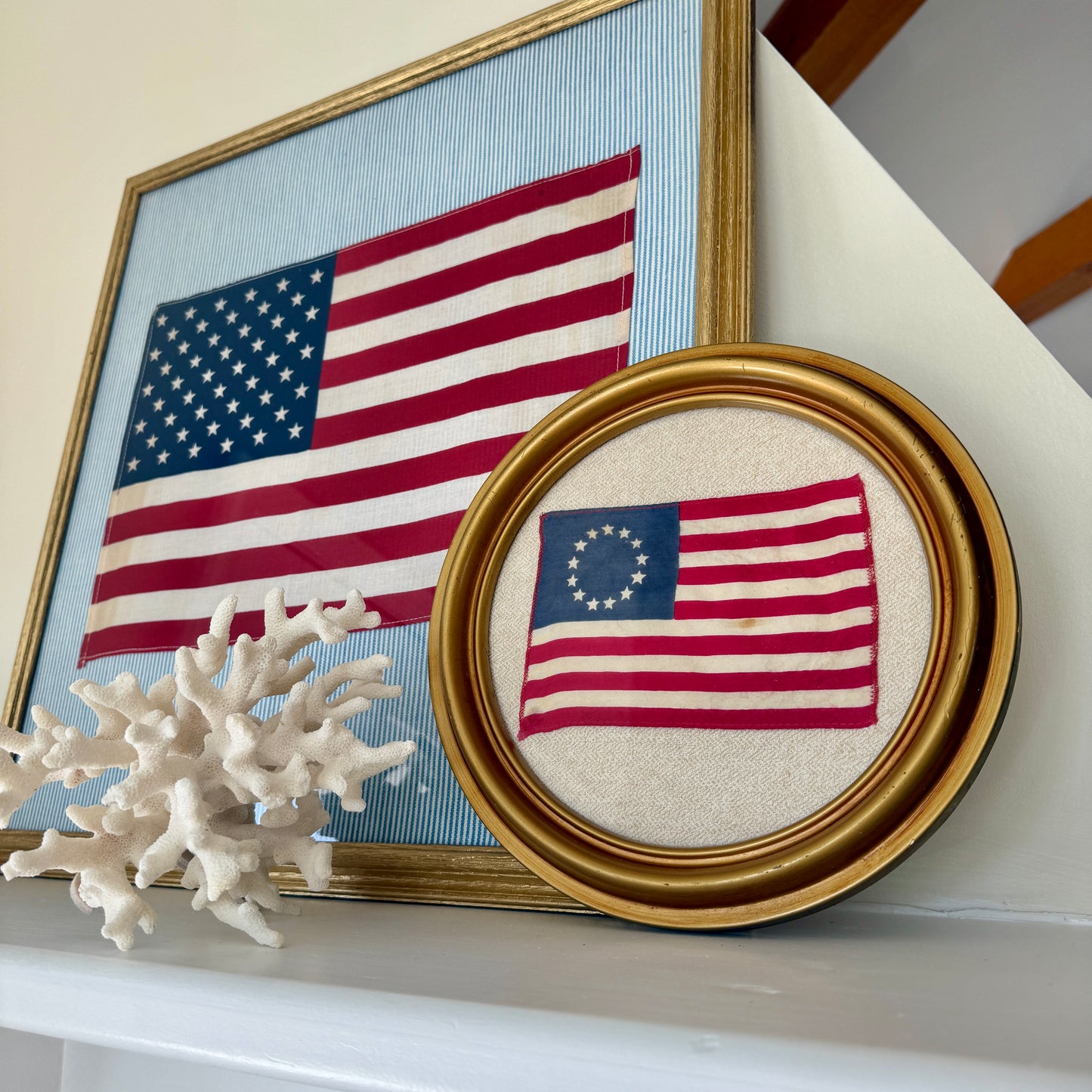 Vintage 13 Star American Betsy Ross Parade Flag on Ivory Herringbone in Gold Round Frame