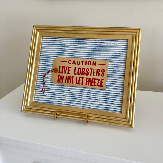 Vintage Maine Live Lobsters Tag on Blue Wavy Striped Fabric in Gold Frame