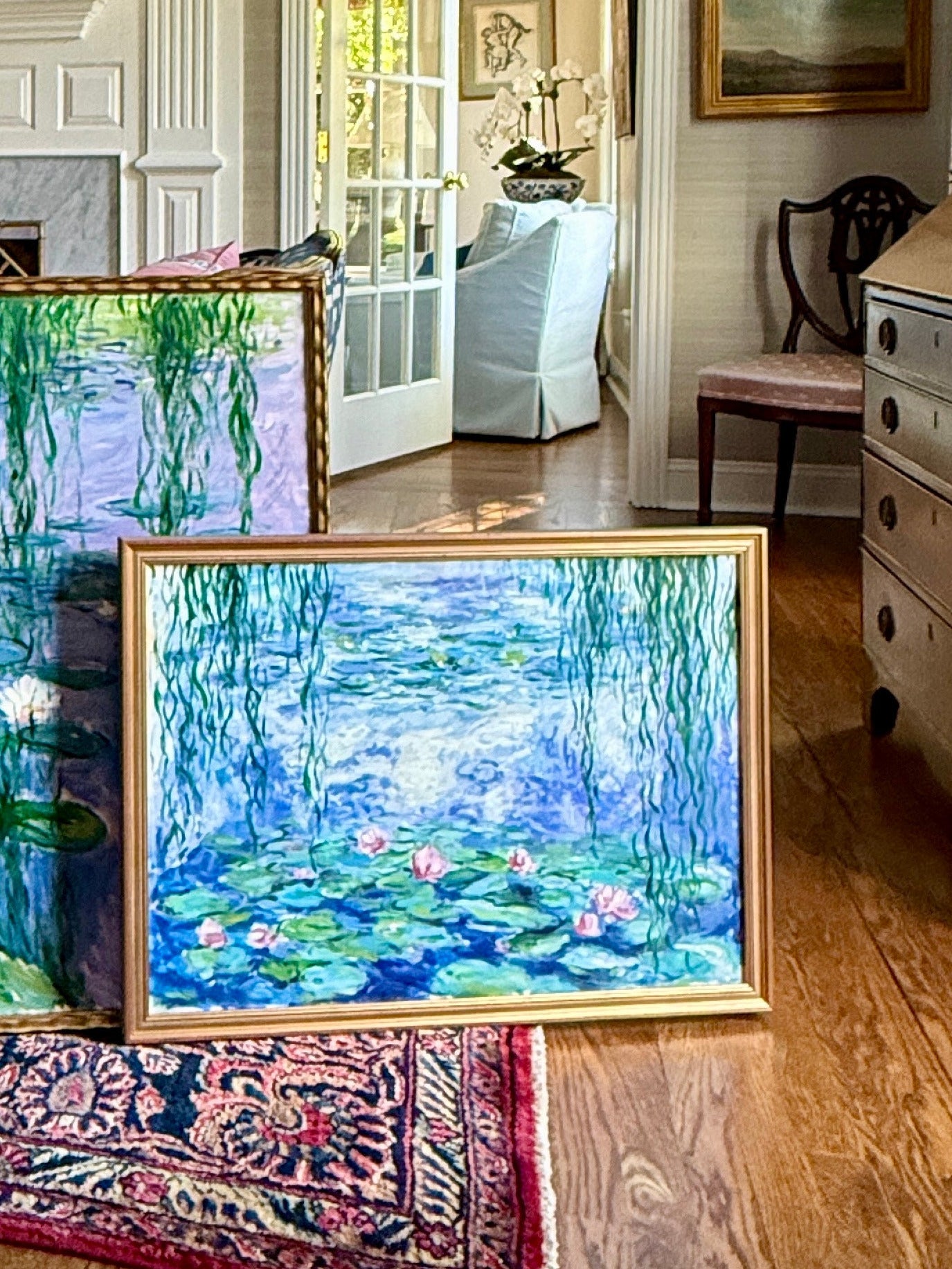 Erwin Steinhauser in the Manner of Oscar-Claude Monet Pink Water Lilies Under the WIllow on Blue Impressionist Landscape Oil Painting in Gold Frame