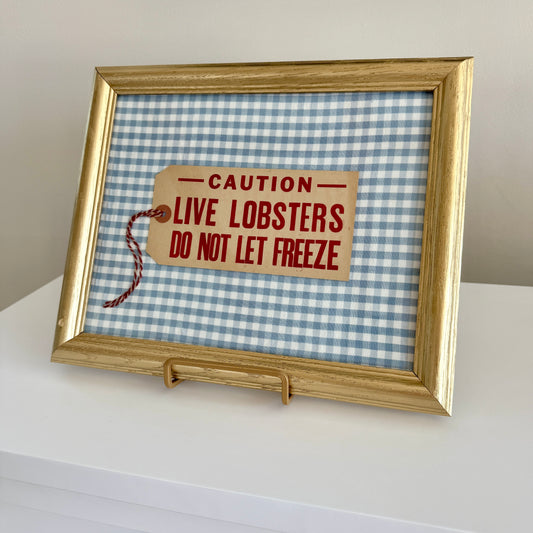 Vintage Maine Live Lobsters Tag on Light Blue Gingham Fabric in Gold Frame
