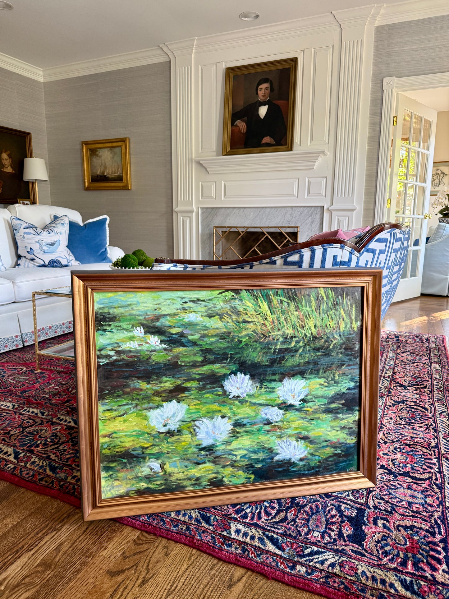 Erwin Steinhauser in the Manner of Claude Monet Water Lilies on Green Impressionist Landscape Oil Painting in Dark Gold Frame