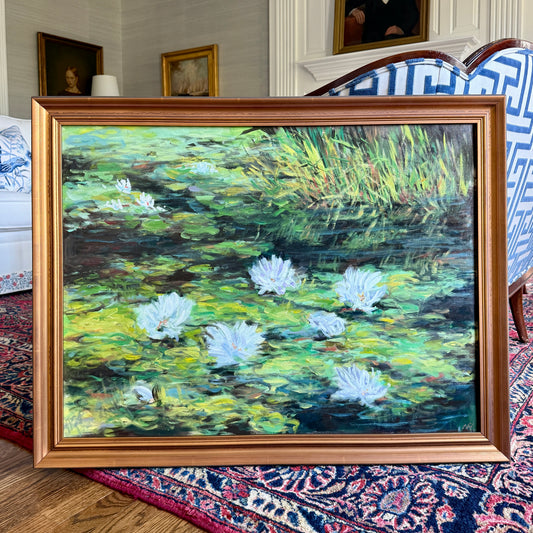 Erwin Steinhauser in the Manner of Claude Monet Water Lilies on Green Impressionist Landscape Oil Painting in Dark Gold Frame