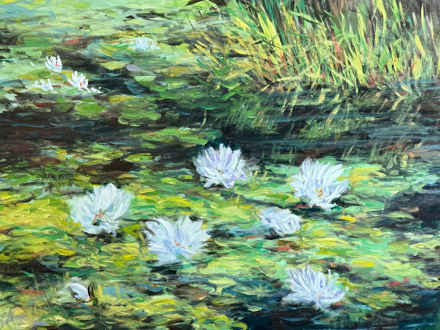 Erwin Steinhauser in the Manner of Claude Monet Water Lilies on Green Impressionist Landscape Oil Painting in Dark Gold Frame