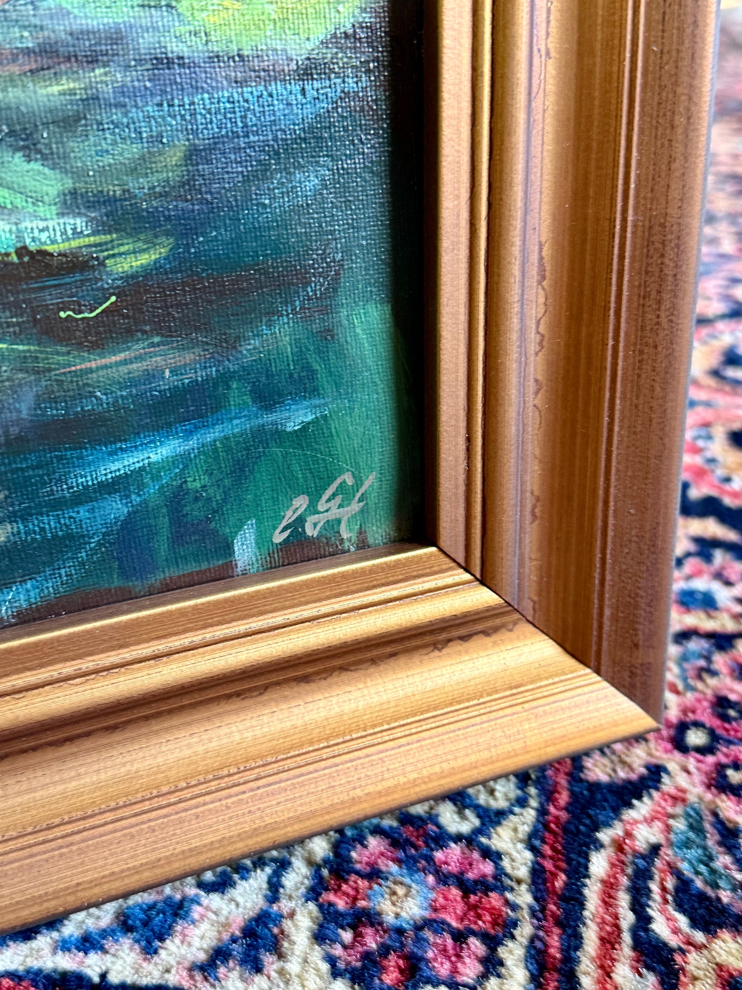 Erwin Steinhauser in the Manner of Claude Monet Water Lilies on Green Impressionist Landscape Oil Painting in Dark Gold Frame