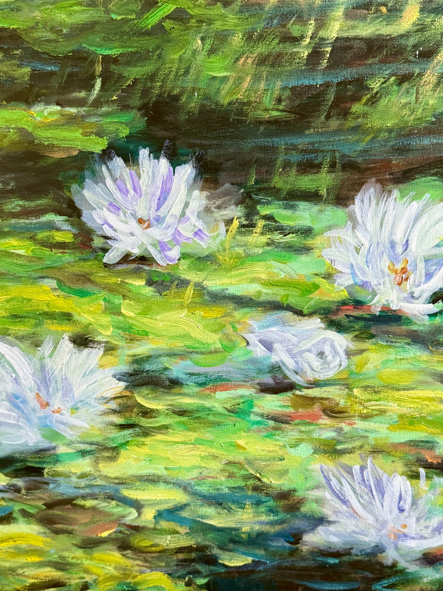 Erwin Steinhauser in the Manner of Claude Monet Water Lilies on Green Impressionist Landscape Oil Painting in Dark Gold Frame