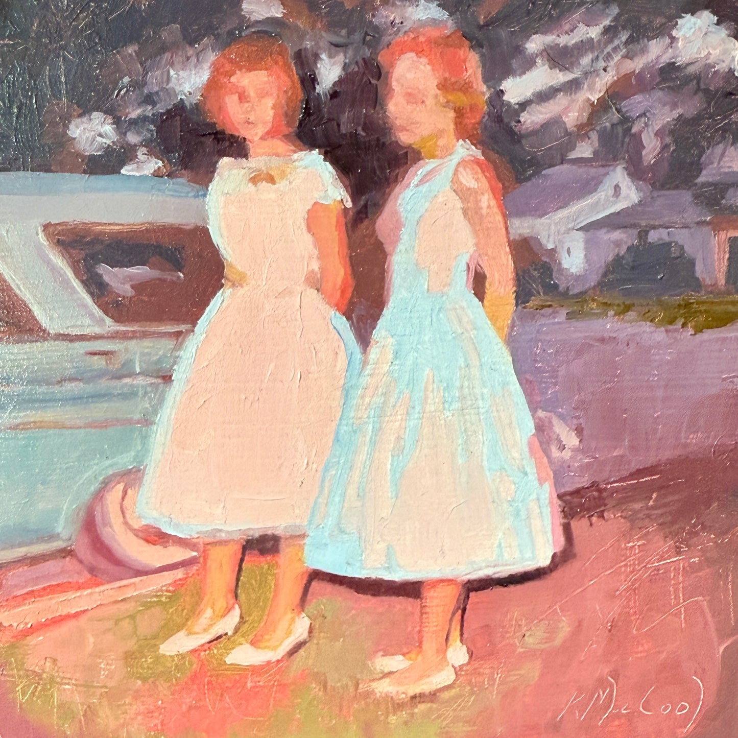 Karen McCool Awkward Prom Photo Time Girls' Portrait Oil Painting in Black Floater Frame