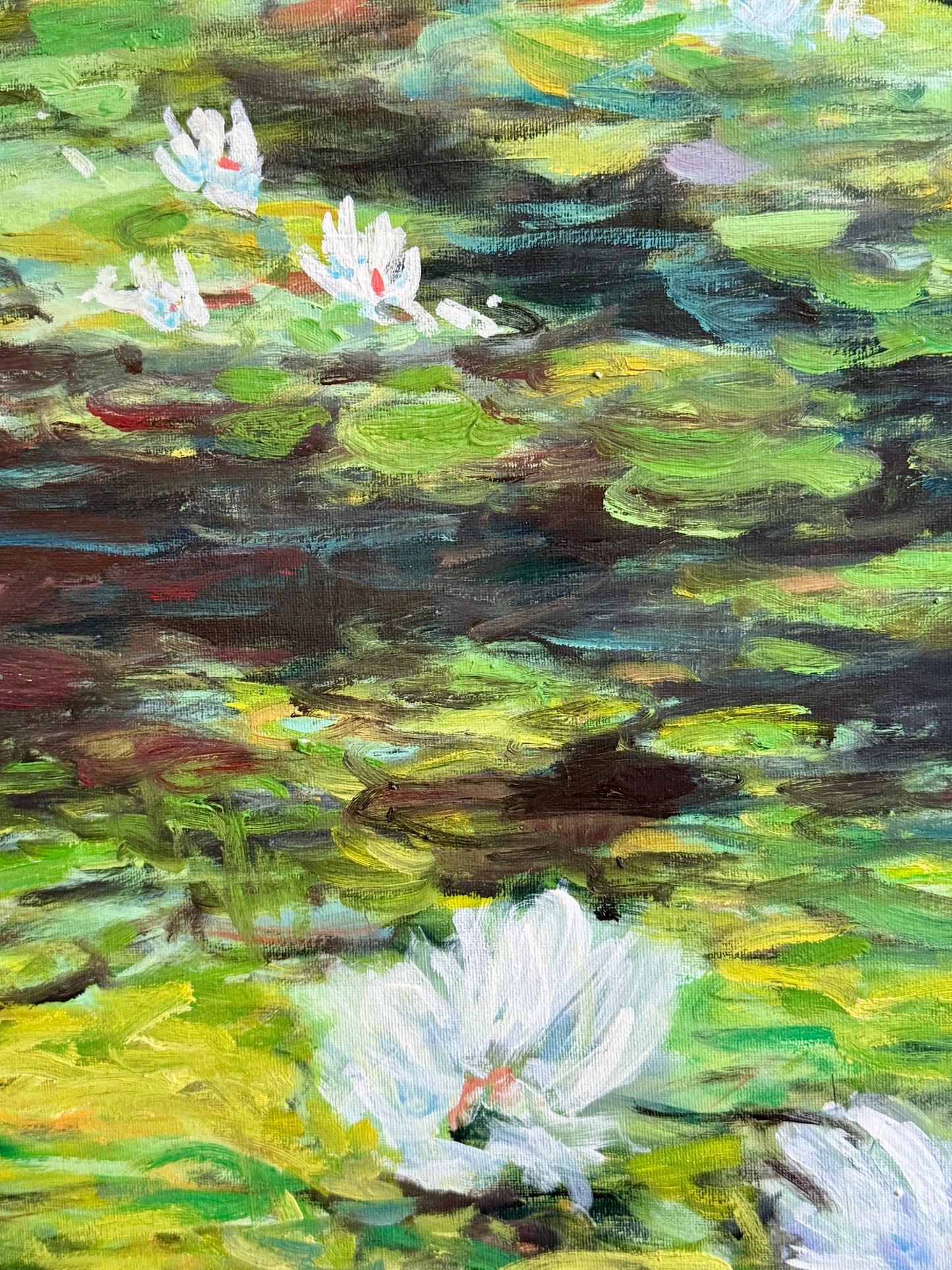 Erwin Steinhauser in the Manner of Claude Monet Water Lilies on Green Impressionist Landscape Oil Painting in Dark Gold Frame