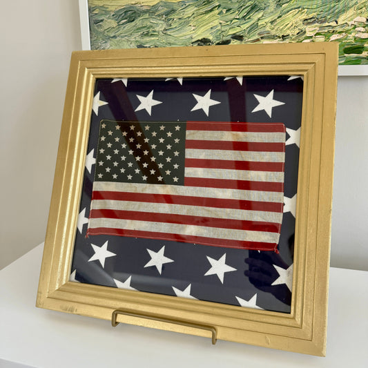 Vintage 50 Staggered Star American Flag on Blue White Star Fabric in Gold Frame