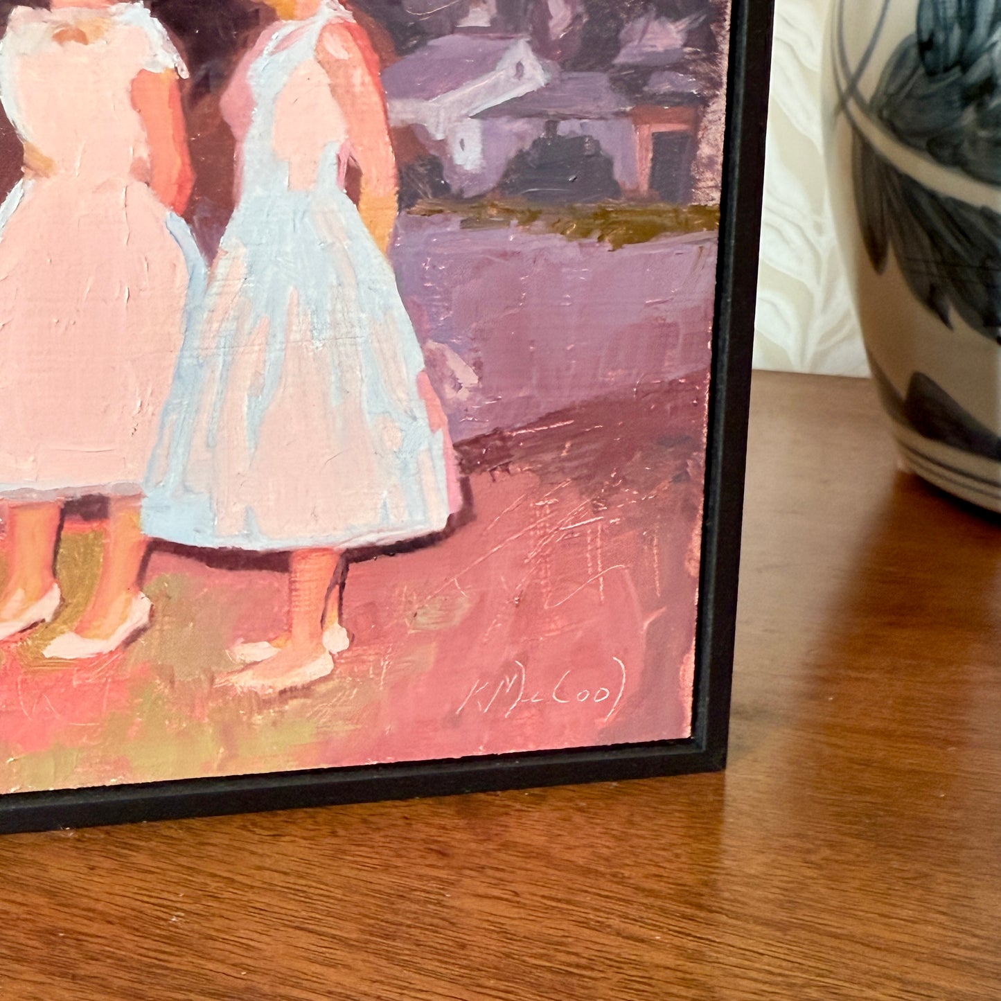 Karen McCool Awkward Prom Photo Time Girls' Portrait Oil Painting in Black Floater Frame