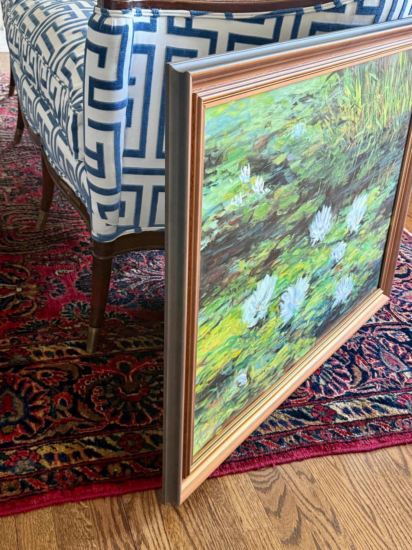 Erwin Steinhauser in the Manner of Claude Monet Water Lilies on Green Impressionist Landscape Oil Painting in Dark Gold Frame