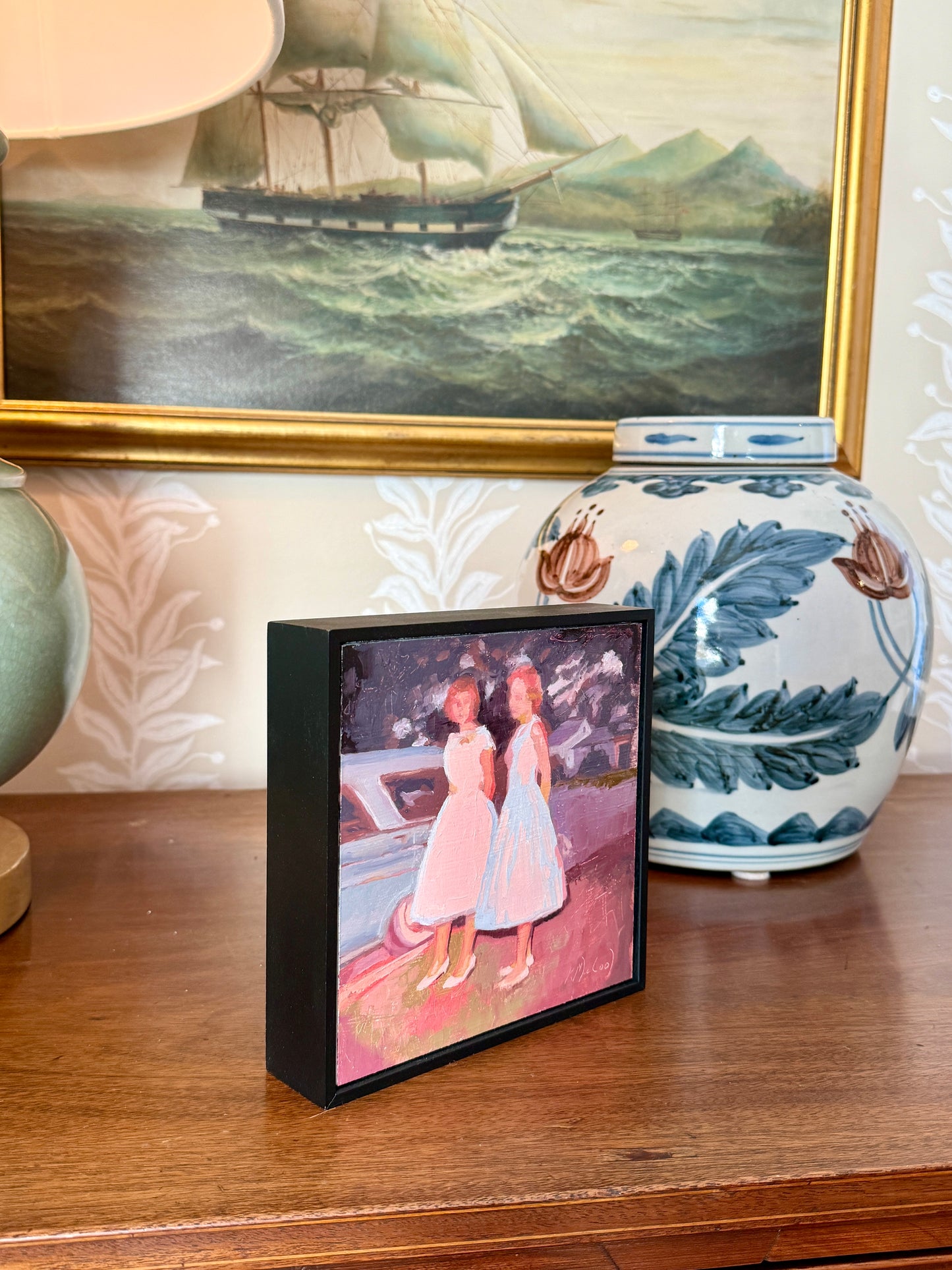Karen McCool Awkward Prom Photo Time Girls' Portrait Oil Painting in Black Floater Frame