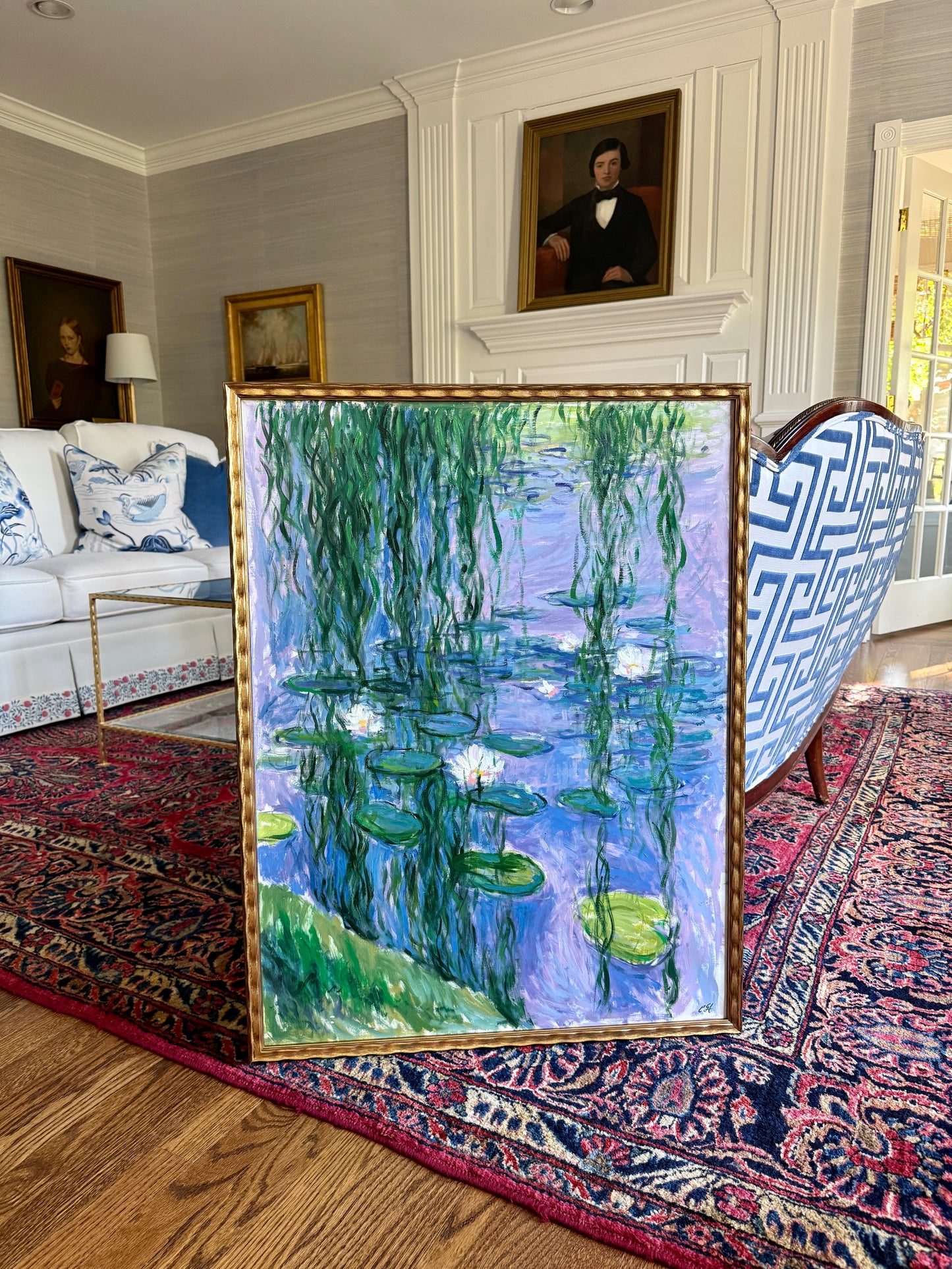 Erwin Steinhauser in the Manner of Oscar-Claude Monet Water Lilies Under the Willow on Lavender Impressionist Landscape Oil Painting in Wavy Gold Frame