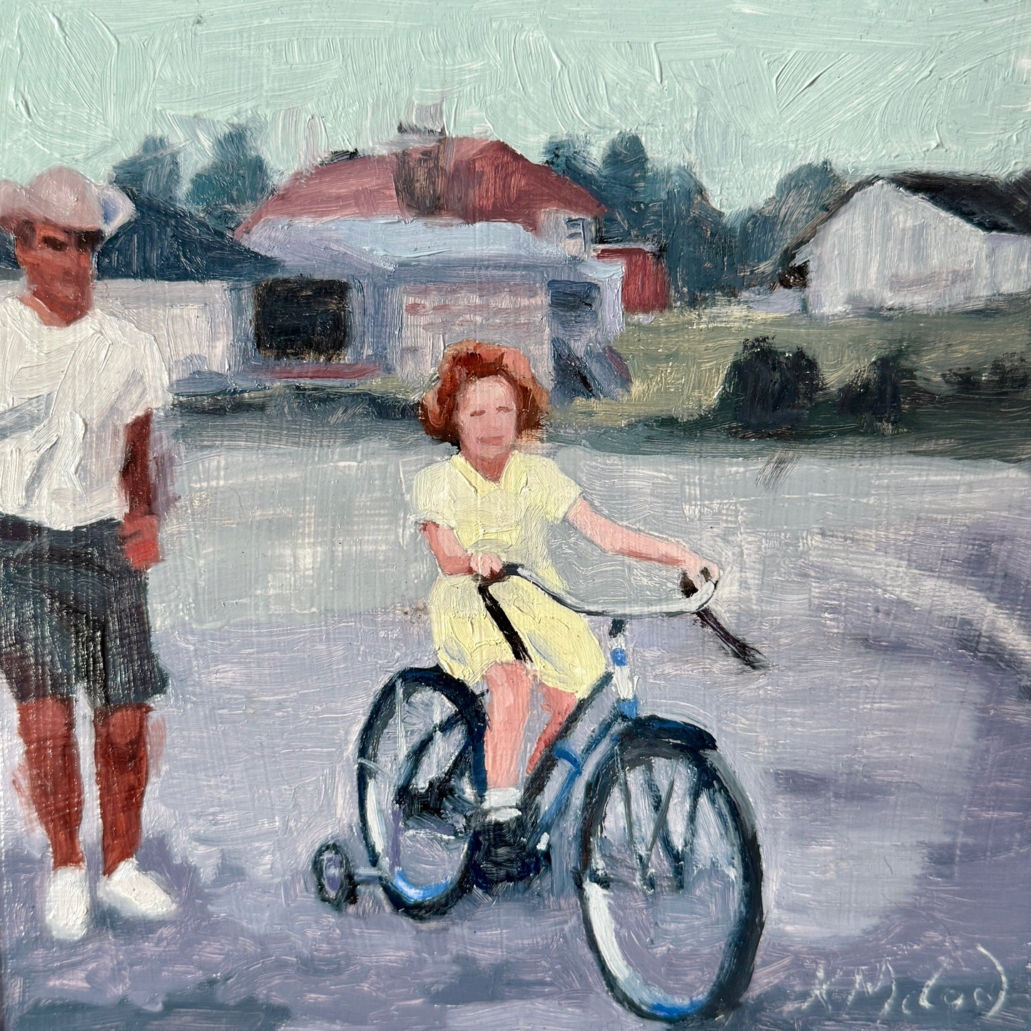 Karen McCool Learning to Ride Father Daughter Oil Painting in Black Floater Frame