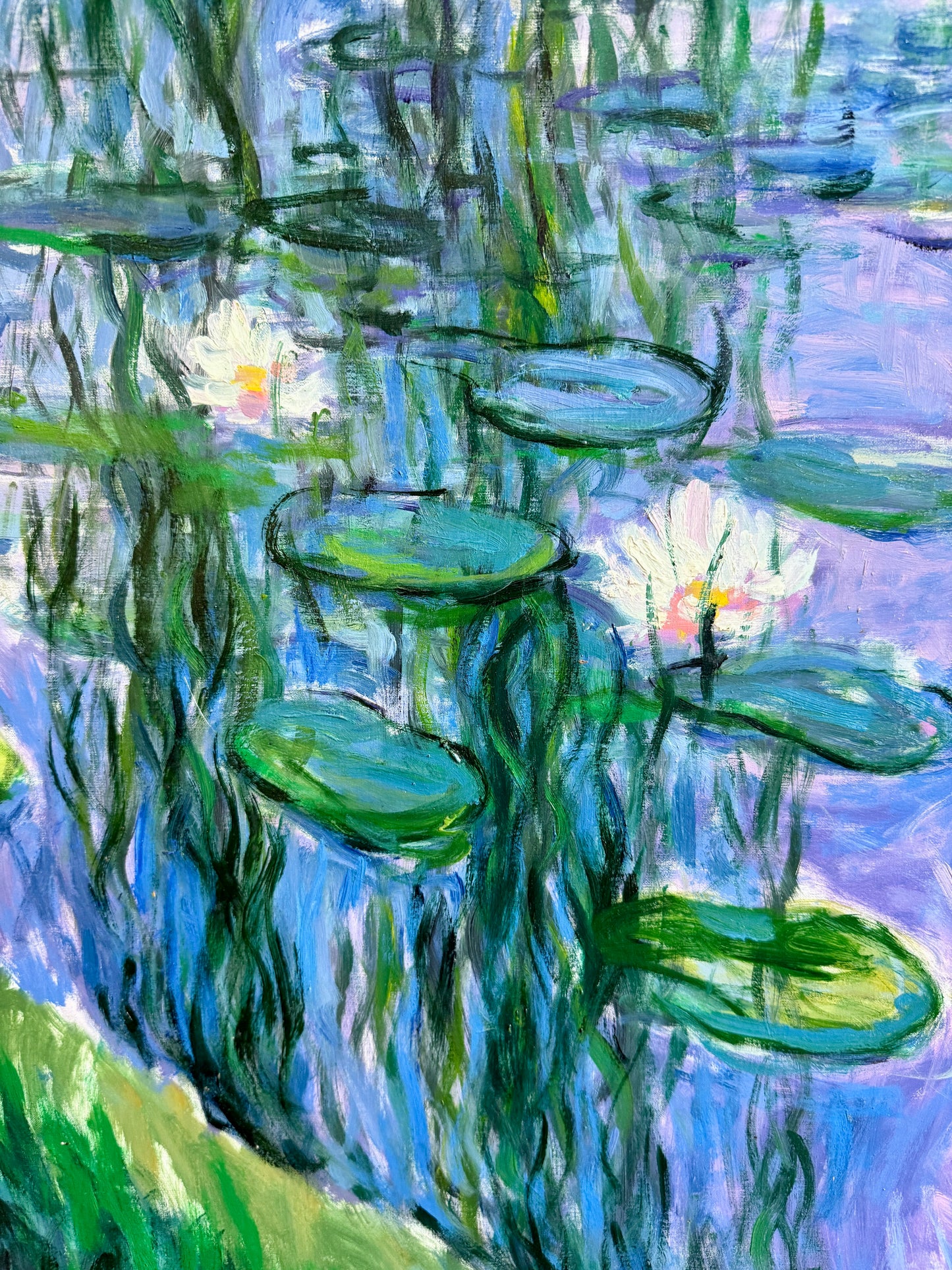Erwin Steinhauser in the Manner of Oscar-Claude Monet Water Lilies Under the Willow on Lavender Impressionist Landscape Oil Painting in Wavy Gold Frame