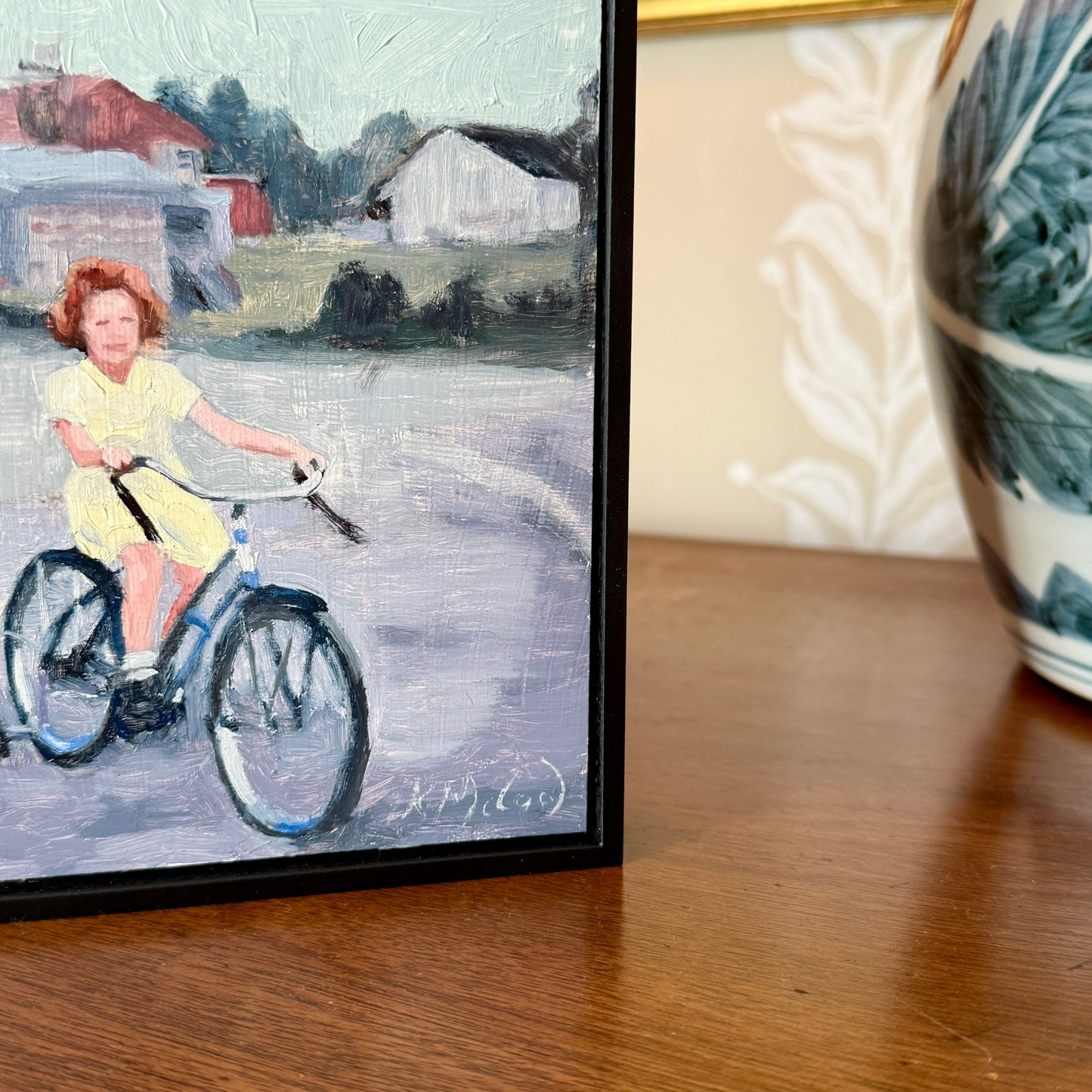 Karen McCool Learning to Ride Father Daughter Oil Painting in Black Floater Frame