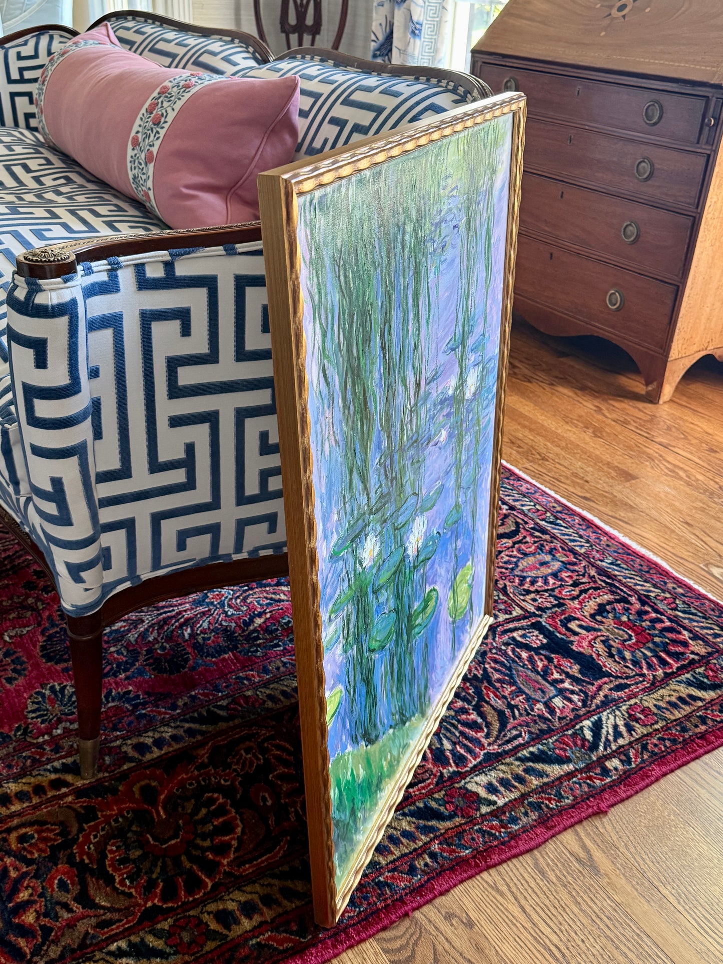 Erwin Steinhauser in the Manner of Oscar-Claude Monet Water Lilies Under the Willow on Lavender Impressionist Landscape Oil Painting in Wavy Gold Frame