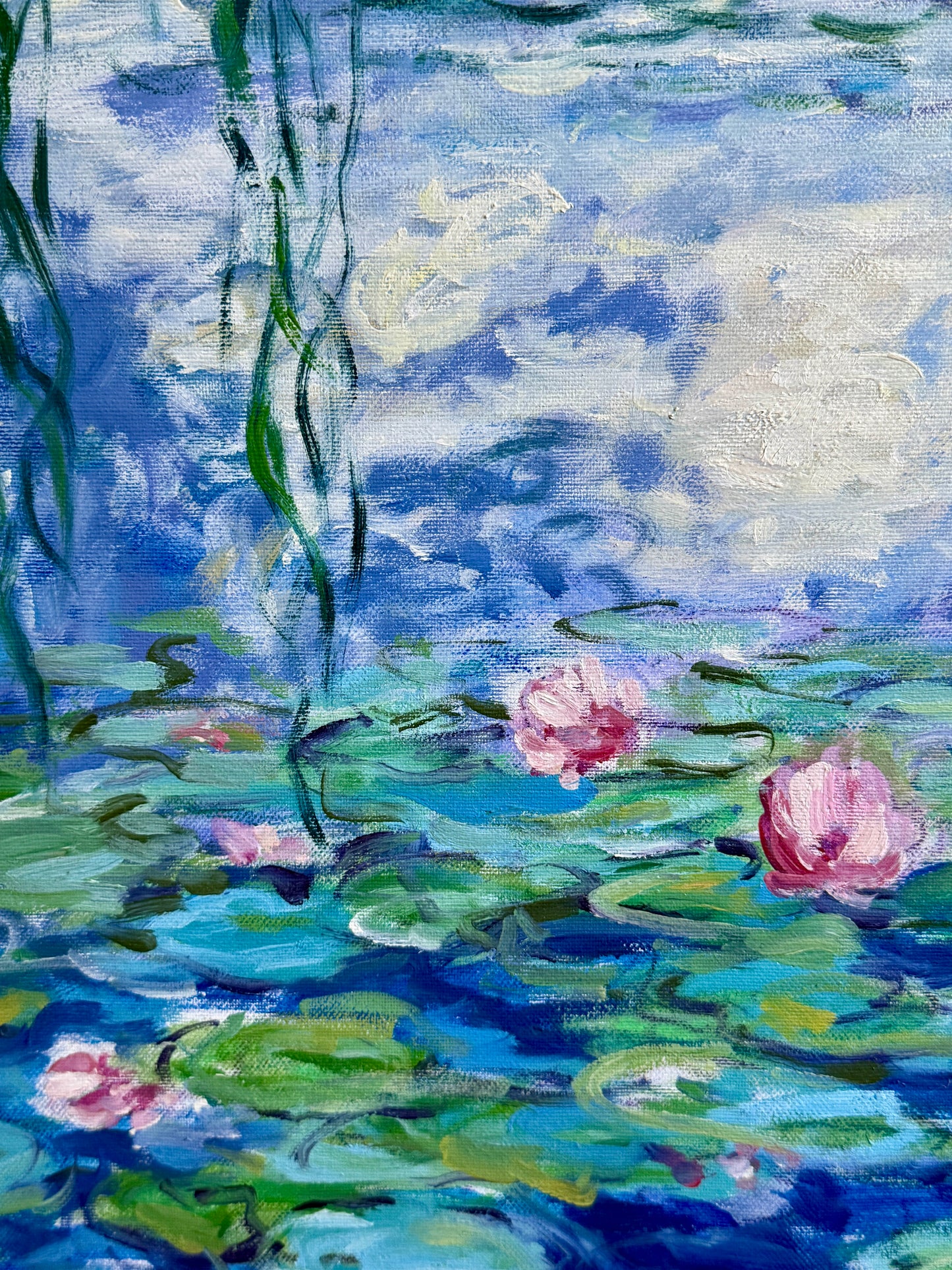 Erwin Steinhauser in the Manner of Oscar-Claude Monet Pink Water Lilies Under the WIllow on Blue Impressionist Landscape Oil Painting in Gold Frame