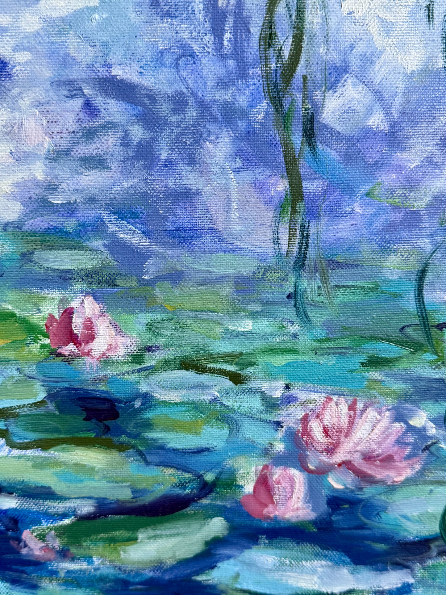 Erwin Steinhauser in the Manner of Oscar-Claude Monet Pink Water Lilies Under the WIllow on Blue Impressionist Landscape Oil Painting in Gold Frame