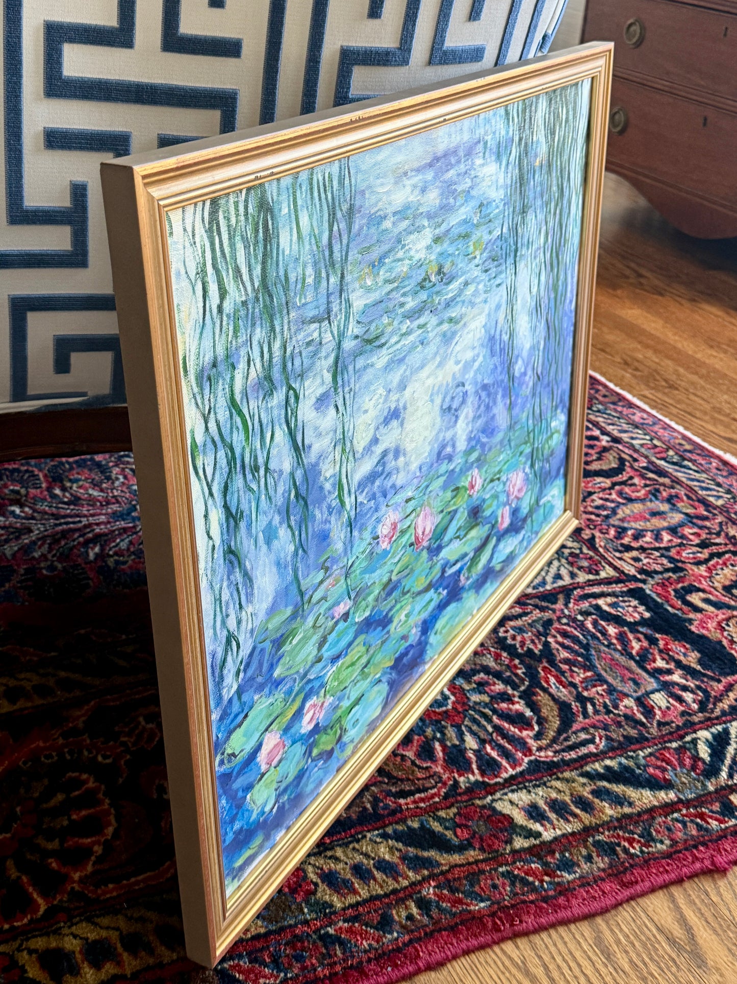 Erwin Steinhauser in the Manner of Oscar-Claude Monet Pink Water Lilies Under the WIllow on Blue Impressionist Landscape Oil Painting in Gold Frame
