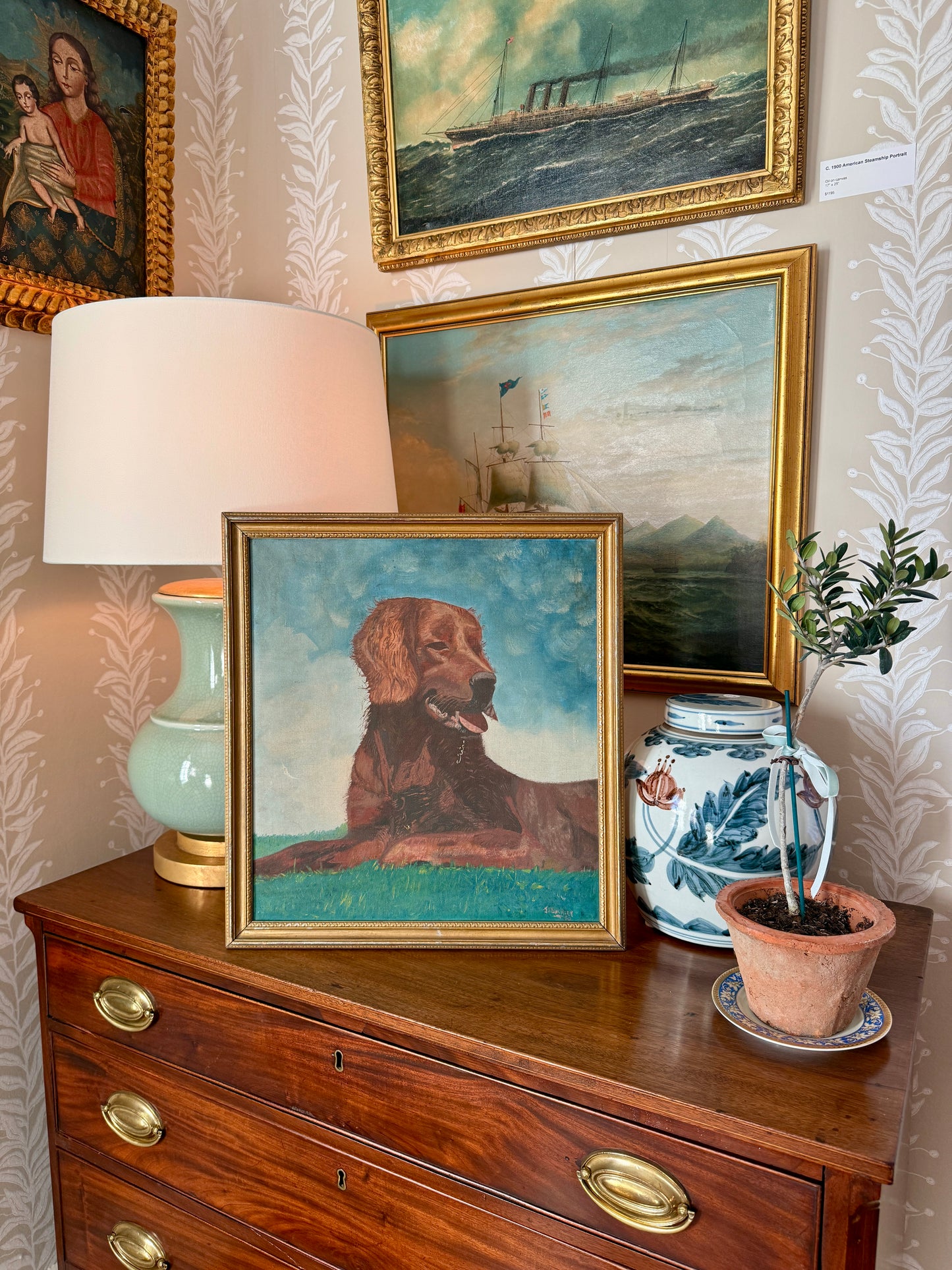 1930 Golden Retriever Dog Portrait Oil Painting in Dark Gold Frame