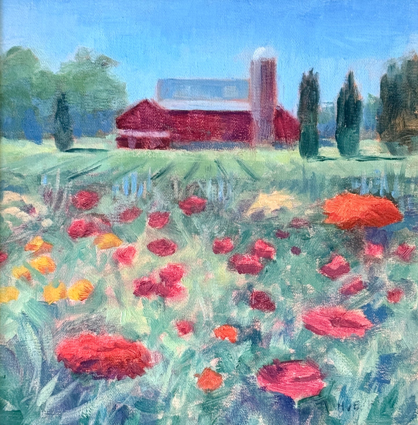Helena van Emmerick-Finn Farm Summer Landscape Oil Painting in Gold Frame