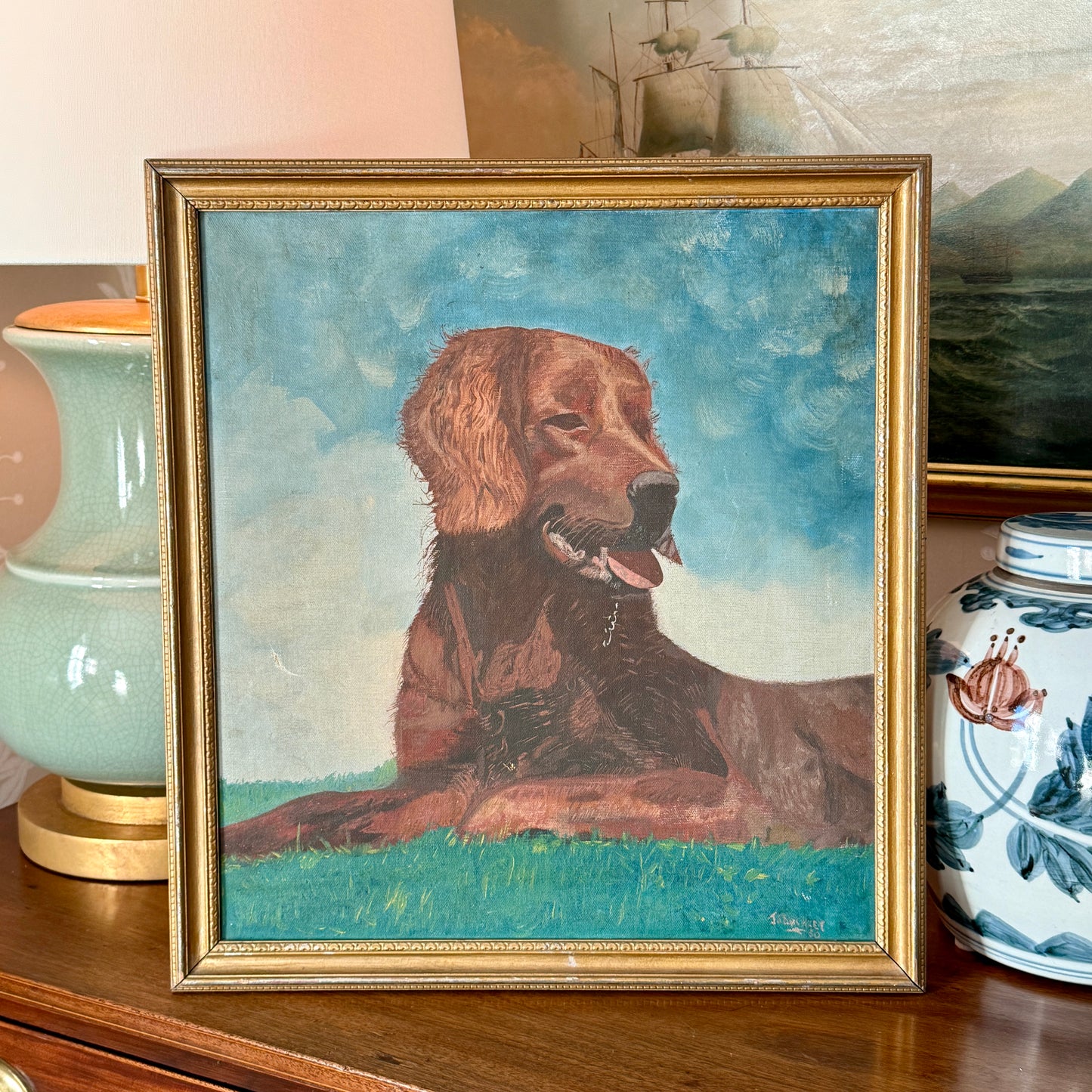 1930 Golden Retriever Dog Portrait Oil Painting in Dark Gold Frame
