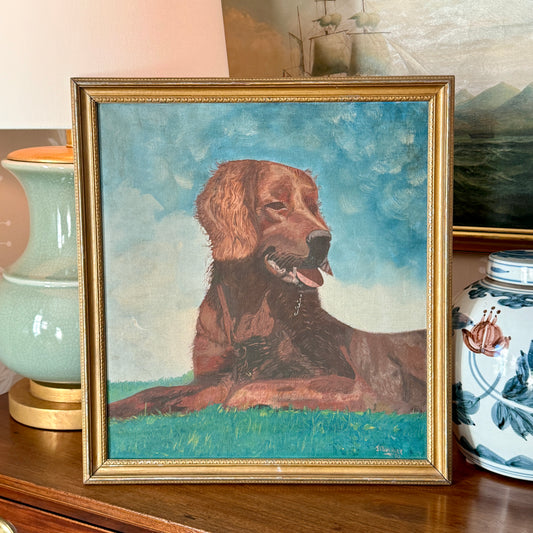 1930 Golden Retriever Dog Portrait Oil Painting in Dark Gold Frame