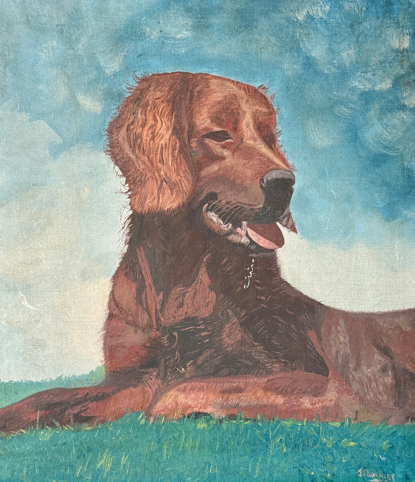 1930 Golden Retriever Dog Portrait Oil Painting in Dark Gold Frame