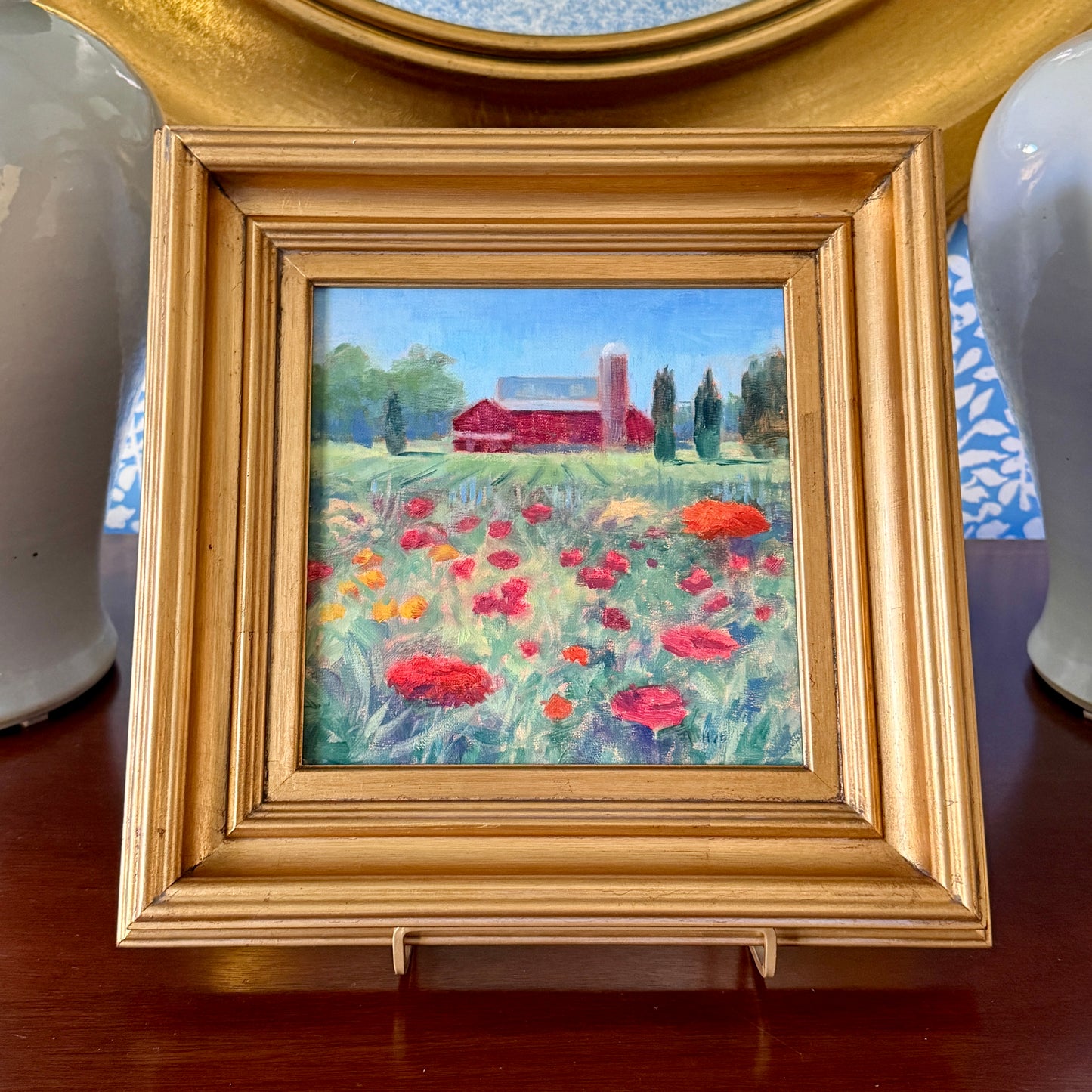 Helena van Emmerick-Finn Farm Summer Landscape Oil Painting in Gold Frame