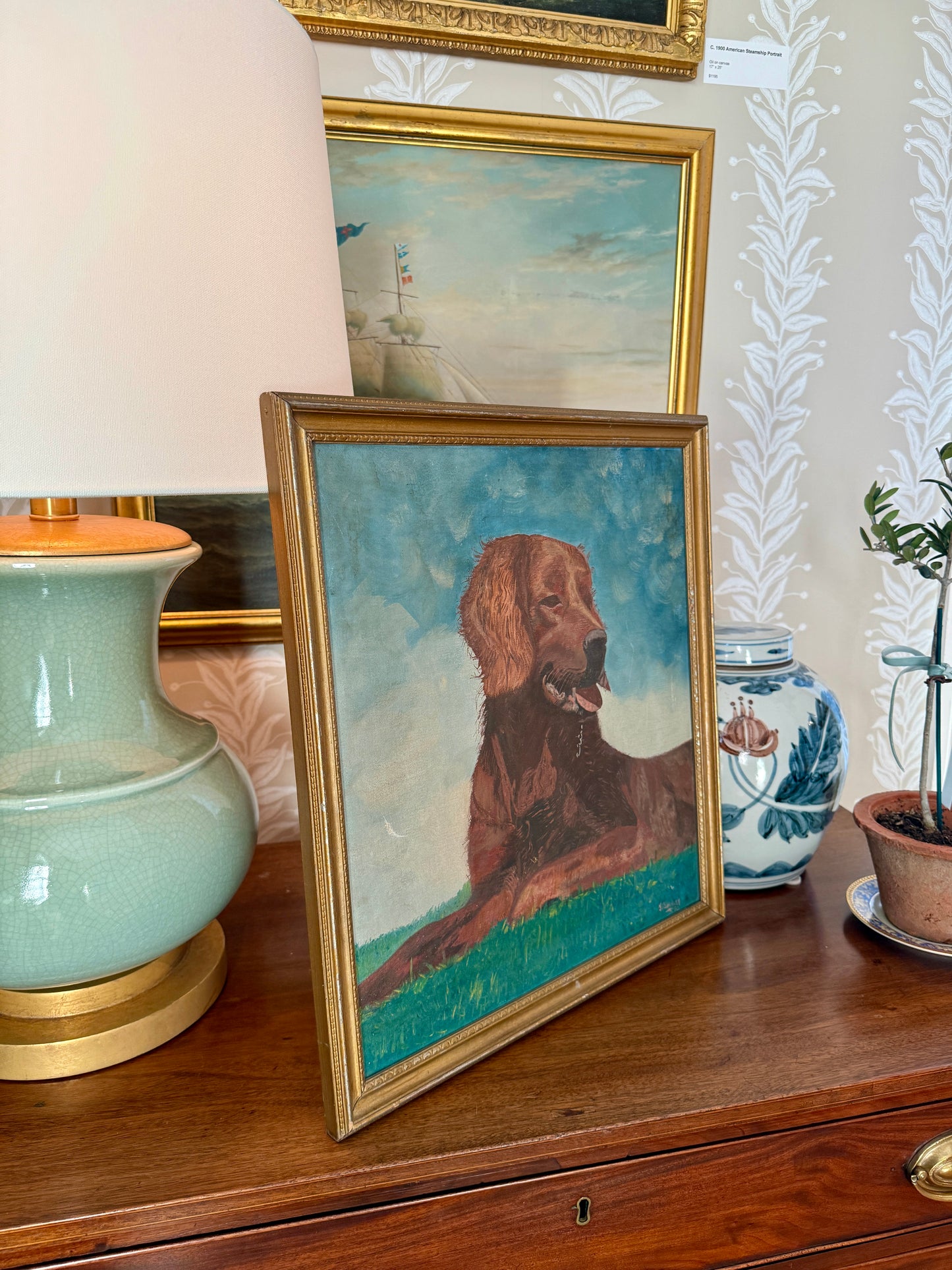 1930 Golden Retriever Dog Portrait Oil Painting in Dark Gold Frame