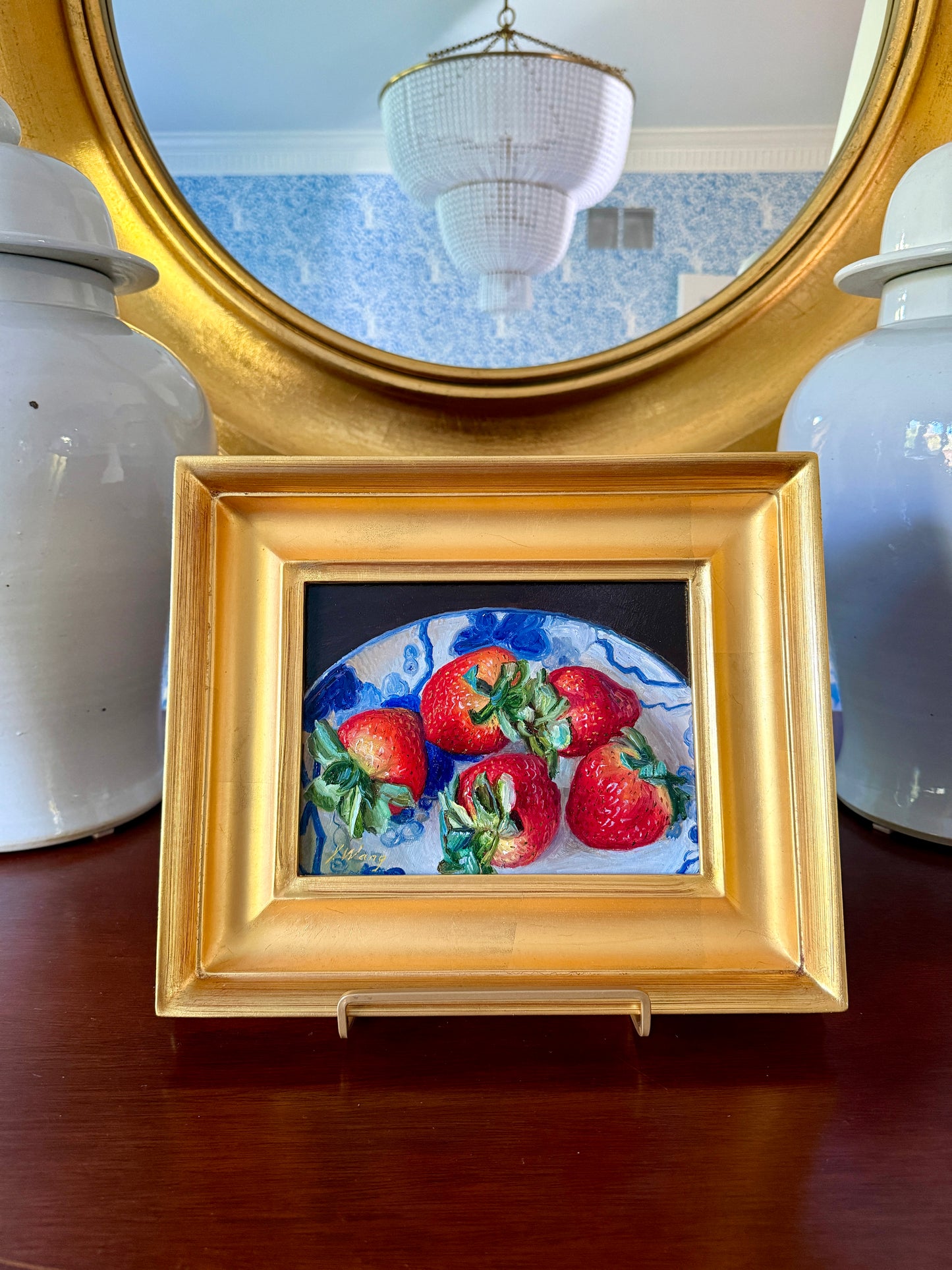 Youqing Wang Summer Strawberries in a Blue and Whtie Bowl Still Life Oil Painting in Gold Frame