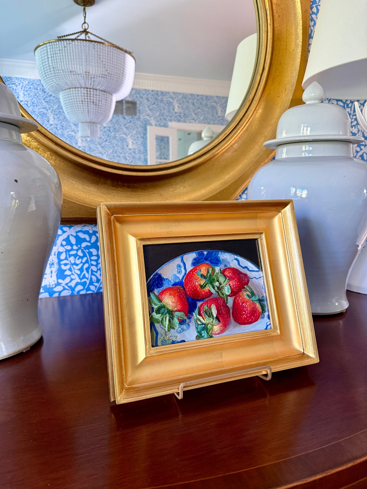 Youqing Wang Summer Strawberries in a Blue and Whtie Bowl Still Life Oil Painting in Gold Frame