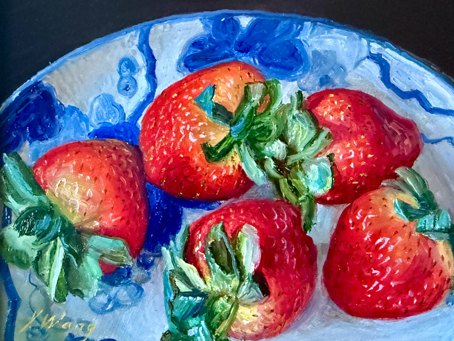 Youqing Wang Summer Strawberries in a Blue and Whtie Bowl Still Life Oil Painting in Gold Frame