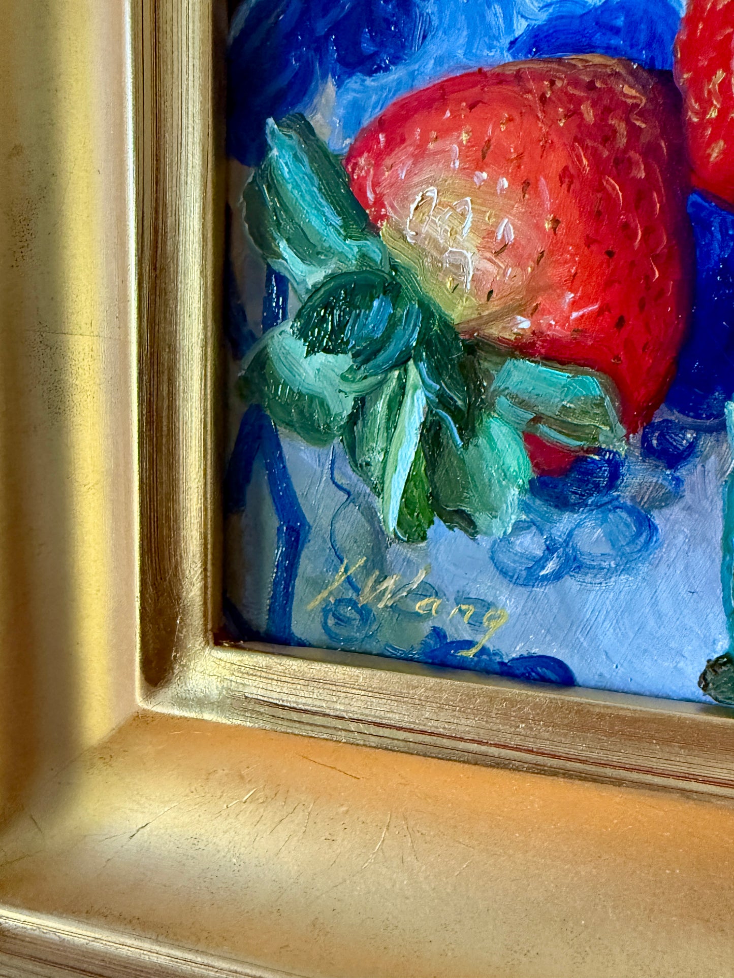 Youqing Wang Summer Strawberries in a Blue and Whtie Bowl Still Life Oil Painting in Gold Frame