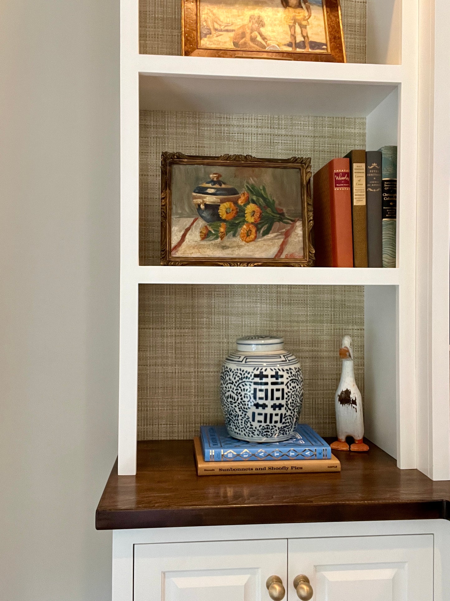 Antique French Still Life of a Blue Jar and Orange Daisies in Original Carved Gold Frame