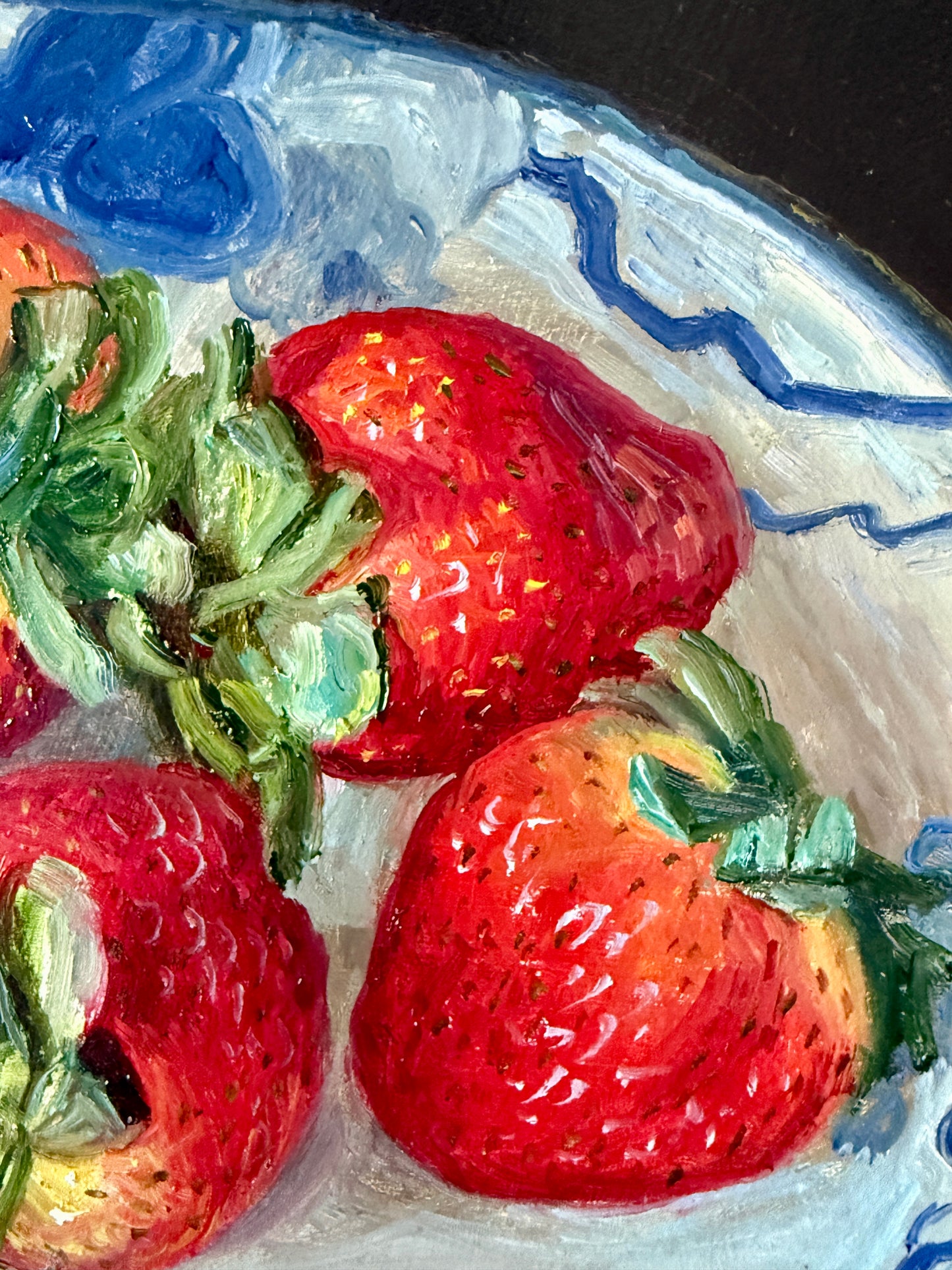 Youqing Wang Summer Strawberries in a Blue and Whtie Bowl Still Life Oil Painting in Gold Frame