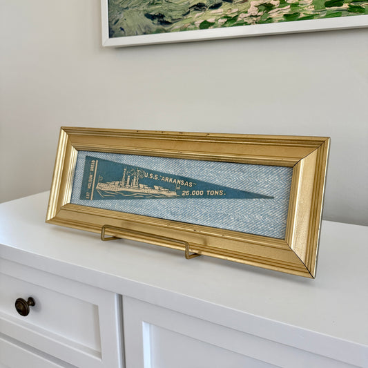 Early 20th Century U.S.S. Arkansas Naval Ship Wool Pennant on Blue Herringbone Fabric in Gold Frame
