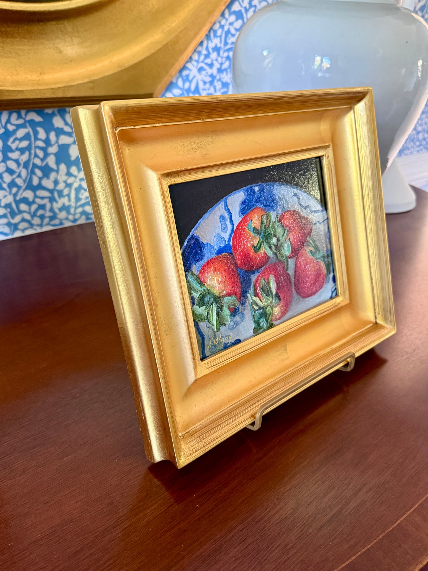 Youqing Wang Summer Strawberries in a Blue and Whtie Bowl Still Life Oil Painting in Gold Frame