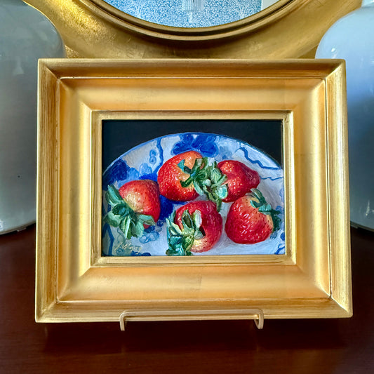 Youqing Wang Summer Strawberries in a Blue and Whtie Bowl Still Life Oil Painting in Gold Frame