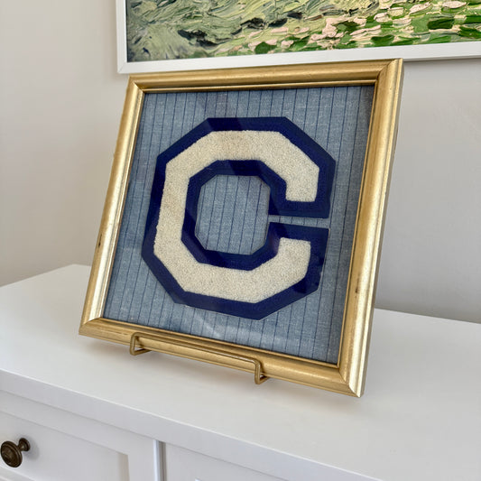 Vintage Large Varsity Initial Letter "C" on Blue Striped Fabric in Gold Frame