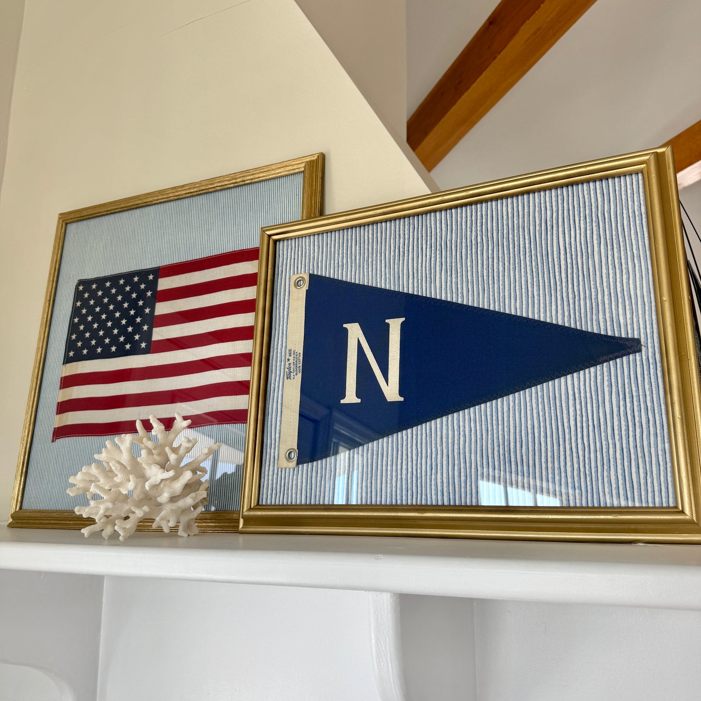 Vintage "N" Burgee Nautical Flag on Blue Wavy Striped Fabric in Gold Frame