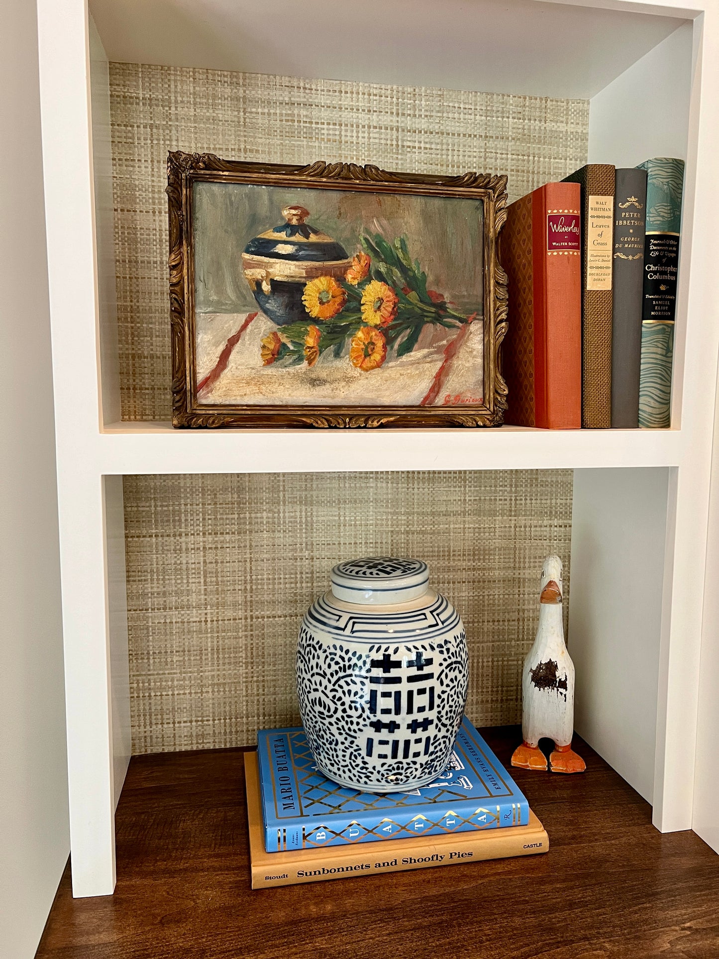Antique French Still Life of a Blue Jar and Orange Daisies in Original Carved Gold Frame