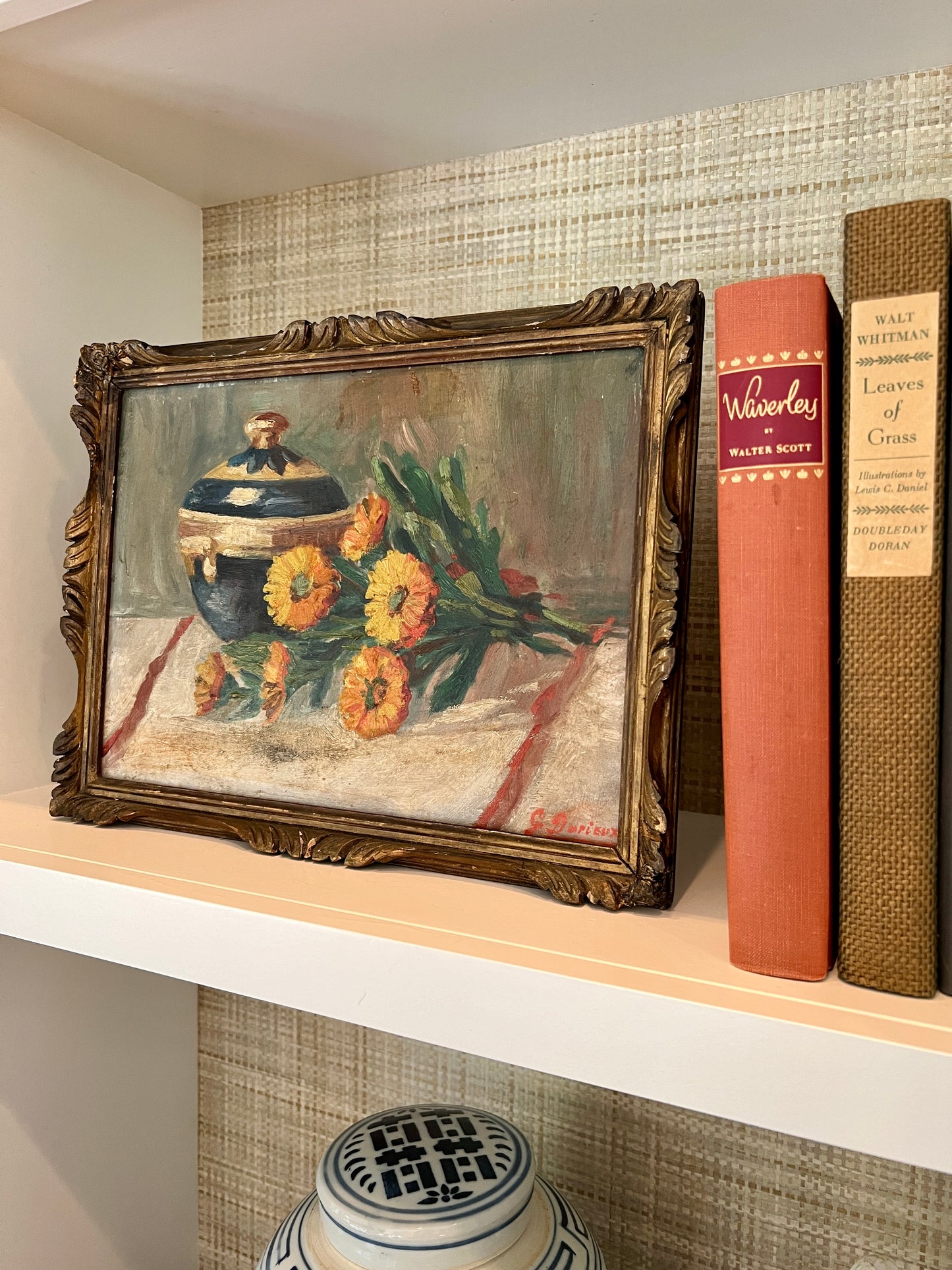 Antique French Still Life of a Blue Jar and Orange Daisies in Original Carved Gold Frame