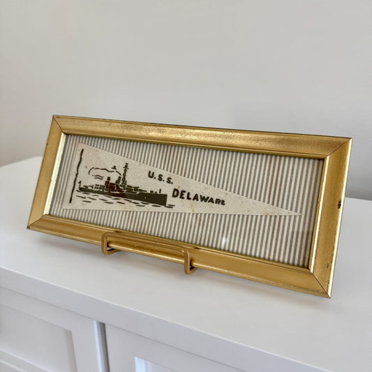 Early 20th Century U.S.S. Delaware Naval Ship Wool Pennant on Tan Ticking Stripe Fabric in Gold Frame