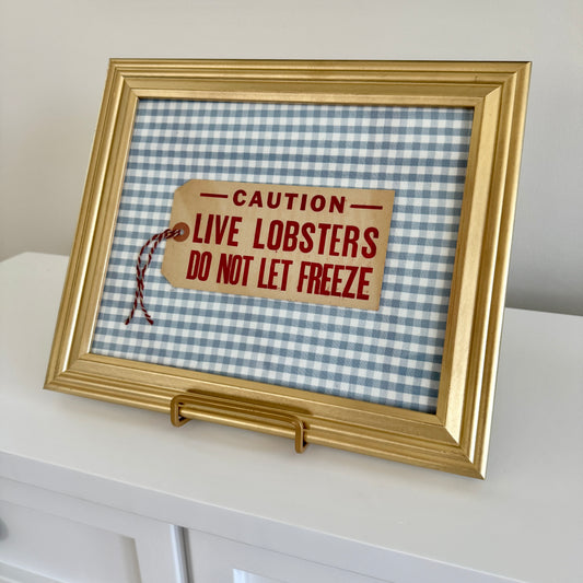 Vintage Maine Live Lobsters Tag on Light Blue Gingham Fabric in Gold Frame