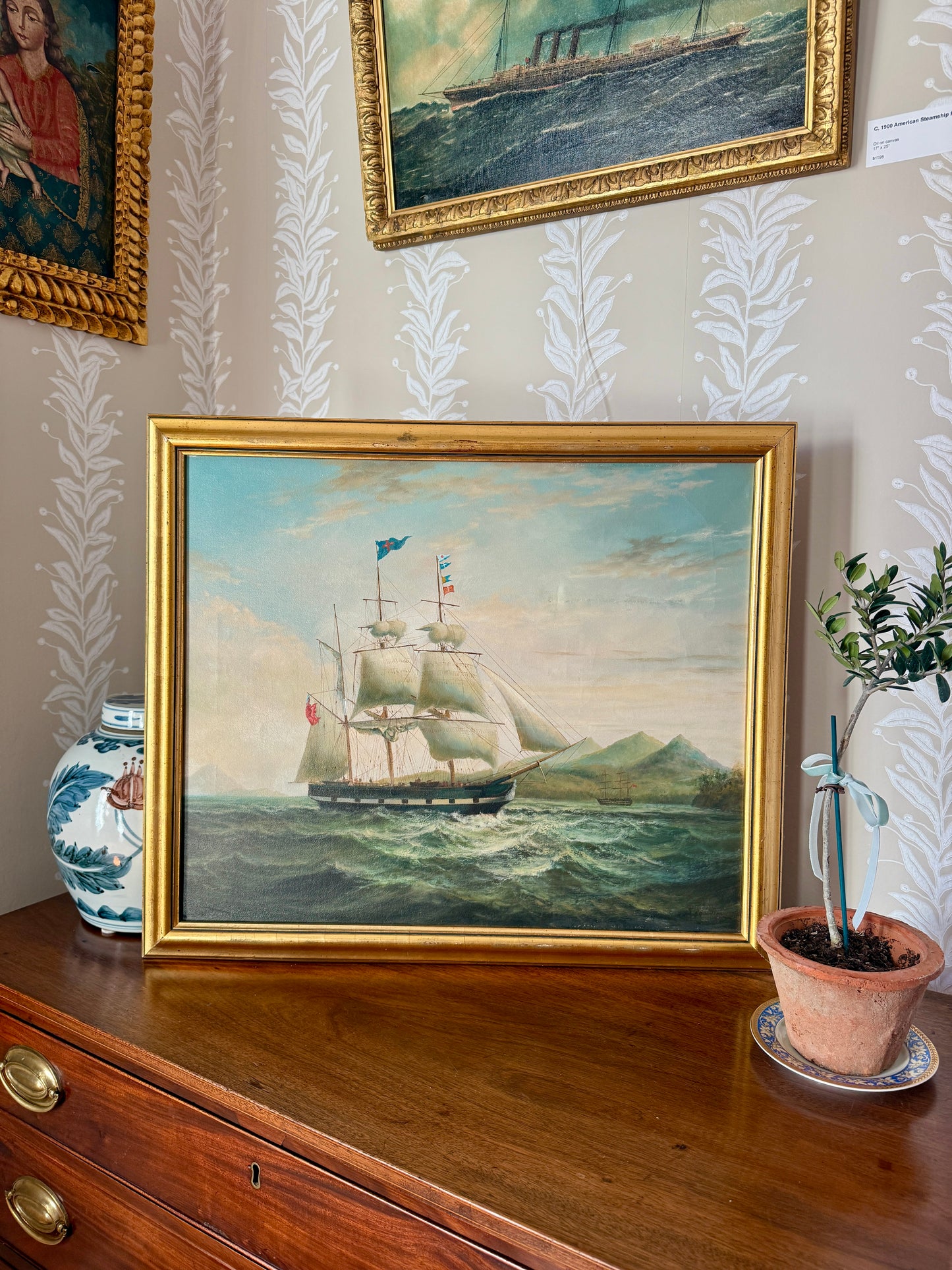 20th Century English Sail Ship Portrait in Seascape Oil Painting in Gold Frame