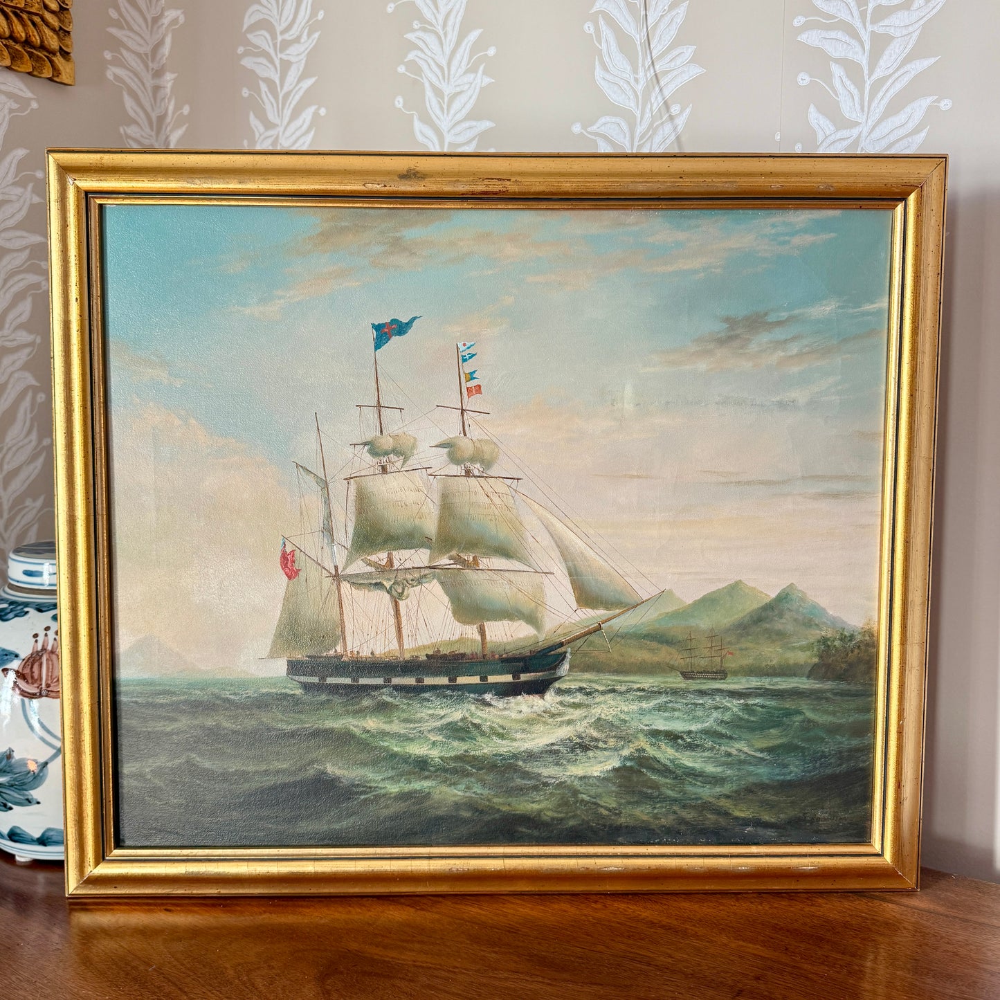 20th Century English Sail Ship Portrait in Seascape Oil Painting in Gold Frame